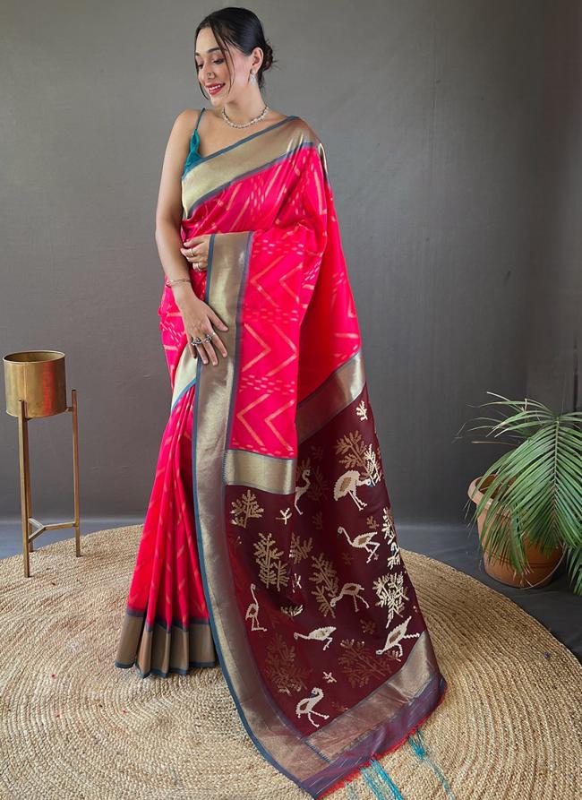 Pure Soft Silk Hot Pink Traditional Wear Weaving Saree